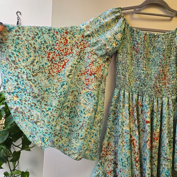 Zury Bohemian Style Dress Free Size Silk Smocked Bell Sleeve - Picture 4 of 9